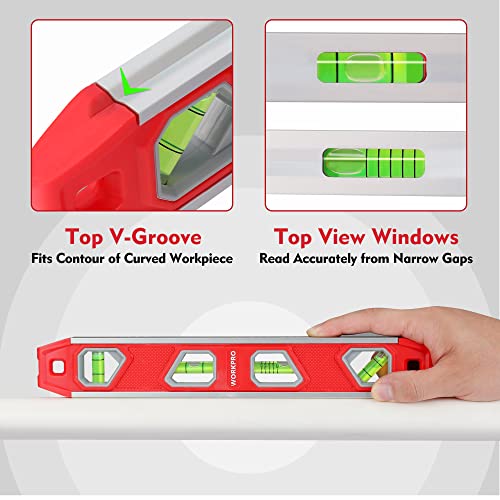 WORKPRO 12 Inch Torpedo Level, Magnetic Small Leveler Tool, Plumbing Level with Pitch Vial, Aluminum Reinforced, 4 Bubbles, V-Groove for Conduit WORKPRO