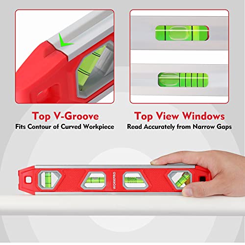 WORKPRO 12 Inch Torpedo Level, Magnetic Small Leveler Tool, Plumbing Level with Pitch Vial, Aluminum Reinforced, 4 Bubbles, V-Groove for Conduit - WoodArtSupply