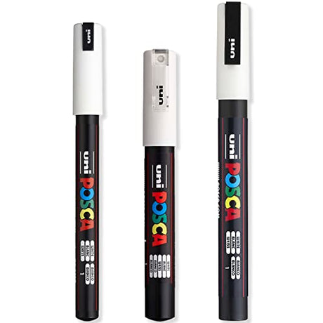 Posca - Ultra Fine to Fine Paint Marker Pens Set - PC-1MR, PC-1M, PC-3M - White Ink - Pack of 3 posca