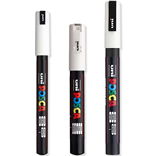 Posca - Ultra Fine to Fine Paint Marker Pens Set - PC-1MR, PC-1M, PC-3M - White Ink - Pack of 3 - WoodArtSupply