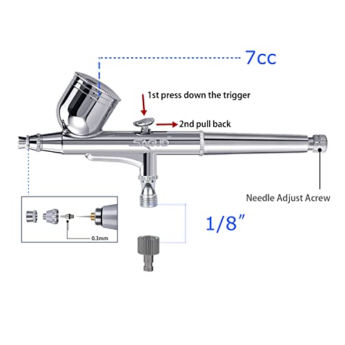 SAGUD Airbrush Kit 0.3mm Dual-Action Air Brush Gun with Extra 0.2mm & 0.5mm Nozzles Needle Air Caps and Quick Release Disconnect Coupler SAGUD