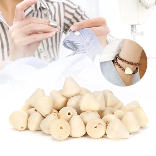 50Pcs Wooden Beads for Crafts, Natural Wood Beads Cone Shape Unfinished Wooden Loose Beads Wood Spacer Beads for Crafts DIY Jewelry Making HERCHR