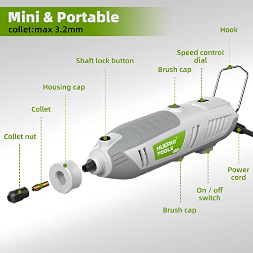 Rotary Tool Kit, 200W 1.8 AMP Huepar Tools with Flex Shaft 239pcs Accessories include MultiPro Keyless Chuck, 6 Variable Speed 10000-40000RPM Huepar Tools