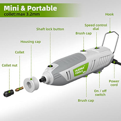 Rotary Tool Kit, 200W 1.8 AMP Huepar Tools with Flex Shaft 239pcs Accessories include MultiPro Keyless Chuck, 6 Variable Speed 10000-40000RPM - WoodArtSupply