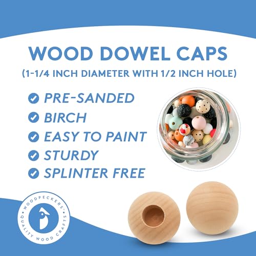 Wood Dowel Caps 1-1/4 inch Diameter with 1/2 inch Hole, Pack of 10 Unfinished Dowel Rod Caps for 1/2 inch Dowel Rods, for Crafts and DIYers, by Woodpeckers