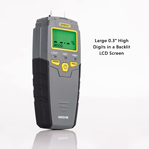 General Tools MMD4E Digital Moisture Meter, Water Leak Detector, Moisture Tester, Pin Type, Backlit LCD Display With Audible and Visual General Tools