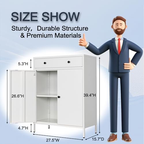 YEEZER Metal Storage Cabinet, Multipurpose Storage Cabinet and 1 Drawer, 2-Tier Office Cabinet for Home, Living Room, Gym, Apartment (White) YEEZER