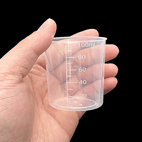 24 Pcs Clear Scale Cups, 100ml/3.4oz Plastic Graduated Cups with 50 Pcs Wooden Stirring Sticks for Epoxy, Resin, Stain, Mixing Paint - WoodArtSupply