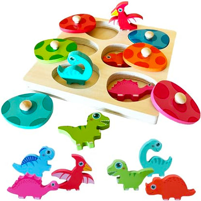 Montessori Mama Wooden Baby Dinosaur Toddler Puzzle - Dual Layered Match & Cover Educational Toys for Toddlers 1-3 Enhancing Cognitive Skills & - WoodArtSupply