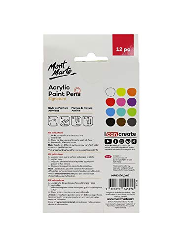 Mont Marte Signature Acrylic Paint Pens, 12 Piece, Waterproof, Suitable for Most Surfaces Including Canvas, Card and Rock, Round Tip (3mm) - WoodArtSupply