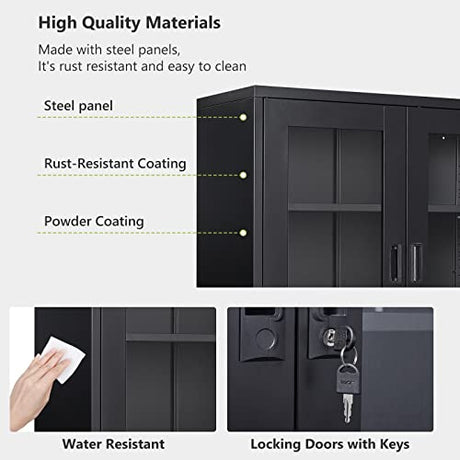 AFAIF Metal Storage Cabinet, Glass Cabinet Sideboard, Bookcase with Glass Doors, Curio Cabinet with 2 Adjustable Shelves, Lockable Metal Display AFAIF