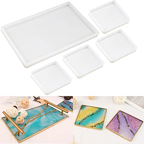 RESINWORLD Resin Tray Mold, 1Pc Thick Rectangle Tray Mold with 4 Pack Square Coaster Molds, Shiny Flat Edge Coaster Tray Silicone Mold for Resin ResinWorld