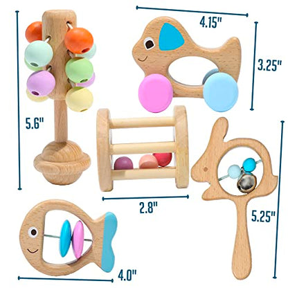 Montessori Mama Wooden Toys for Babies 5-Piece Collection - Multi-Sensory Learning Rattle for Babies - Infant Wooden Toy Set Baby Weights Toys - - WoodArtSupply