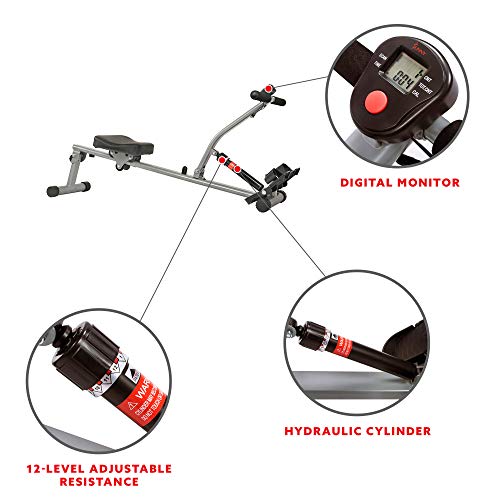 Sunny Health & Fitness SF-RW1205 Rowing Machine Rower with 12 Level Adjustable Resistance, Digital Monitor and 100 KG Max Weight - WoodArtSupply