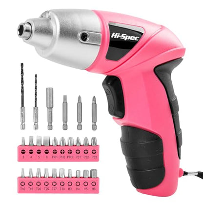 Hi-Spec 27pc 3.6V Pink USB Small Power Electric Screwdriver Set. Cordless & Rechargeable with Driver Bit Set - WoodArtSupply