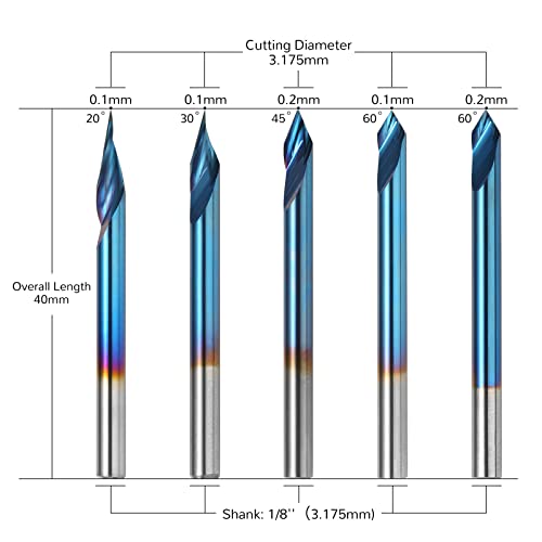 Genmitsu 5PCS V-Groove CNC Router Bits, Degree 20/30/45/60, 1/8'' Shank Nano Blue Coating End Mills, for Wood Carving Milling, VG05B - WoodArtSupply