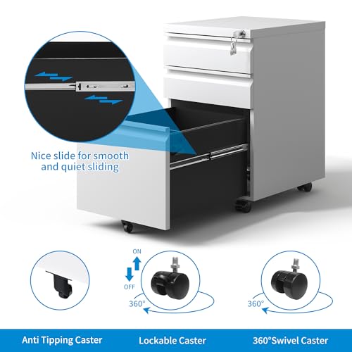 EKJ 3 Drawer Mobile File Cabinet, White Metal Under Desk Filing Cabinets with Wheels, Locking Slim Vertical File Cabinet for Home Office, Fully EKJ