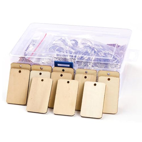 QMTSINEW 100Pcs Blank Rectangle-Shaped Wooden Keychain Set,Unfinished Wood Pieces with Key Rings and Hemp Rope,Personalized Wood Keychain,Key Tags QMTSINEW