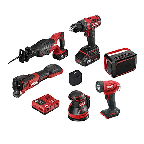 SKIL PWRCore 20 Brushless 20V 6-Tool Combo Kit, Included 2.0Ah Lithium Battery, 4.0Ah Lithium Battery and PWRJump Charger - CB7443-21 Skil