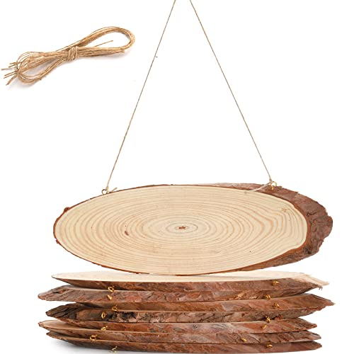 DEAYOU 8 Pack Natural Wood Slices, Unfinished Wood Crafts with Bark, Tree Slice Wooden Sign with Small Eye Ring, Wood Slab Plaque Plank for DEAYOU