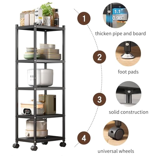 PXRACK 5-Tier Kitchen Storage Shelves, Adjustable Metal Shelves for Storage Pantry Shelves with Rolling Wheels, Storage Rack Shelving Unit Organizer - WoodArtSupply