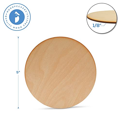 Unfinished Circles 5 inch, 1/8 Inch Thick, Pack of 5 Round Discs with Rustic Burnt Edges for Christmas Tree Decor, by Woodpeckers