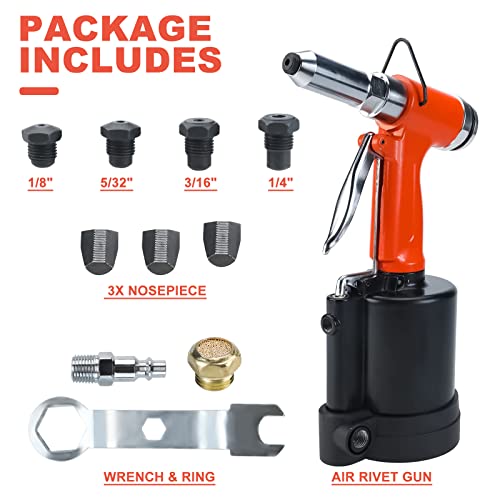 KUNTEC Air Rivet Tool Professional Heavy Duty Pneumatic Hydraulic Rivet Tool with 1/4" 3/16" 5/32" 1/8" Nose Pieces KUNTEC