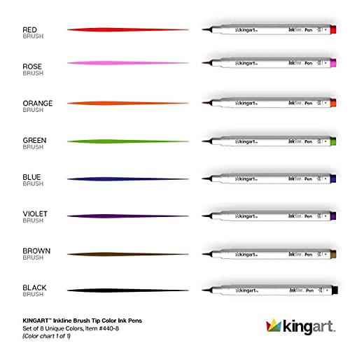 KINGART 440-8 PRO Inkline Color Micro Line & Precision Graphic Pens, 8 Colors, Fine Pt. Brush Nibs, Archival Waterproof Japanese Ink for Art, KINGART