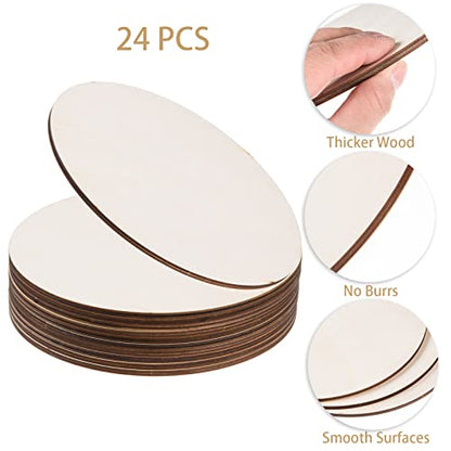 24 Pack 8 Inch Wooden Circles for Crafts 0.2" Thick Unfinished Round Wood Slices Natural Rounds Wooden Cutouts Blank Round Wood Discs for DIY Crafts