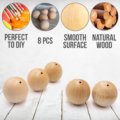 Unfinished Wood Oval Beads 1.7" with 4mm Hole for Crafts, Set of 8 - Wooden Balls for DIY Home Decor