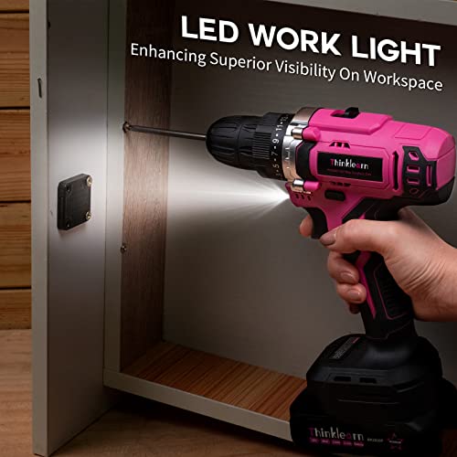 Pink Cordless Drill Set, 20V Lithium-ion Power Drill Set for Women with 67Pcs Drill Driver Bits, 3/8"Keyless Chuck, 25+1 Position Electric Drill, ThinkLearn