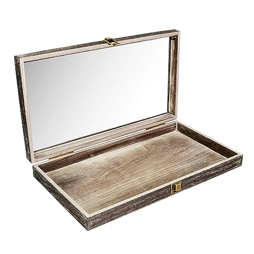 MOOCA Natural Wood Glass Top Jewelry Display Tempered Glass Accessories Storage Box with Metal Clasp, Wooden Jewelry Organizer Tray for Collectibles,