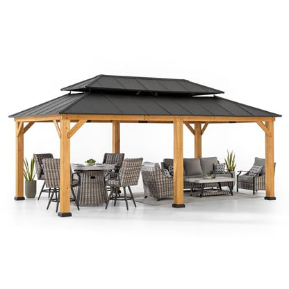 Sunjoy 12 x 20 ft. Wood Gazebo, Outdoor Patio Steel Hardtop Gazebo, Cedar Framed Wooden Gazebo with 2-Tier Metal Roof, Suitable for Patios, Lawn and