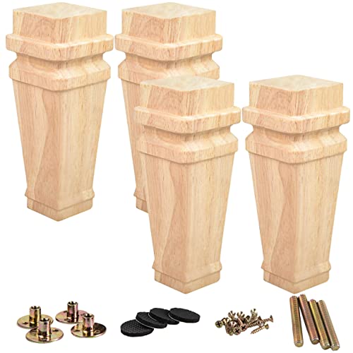 La Vane 6 inch / 15cm Wooden Furniture Legs, Set of 4 Solid Wood Carved Geometry Unfinished Replacement Bun Feet with Mounting Plate & Screws for