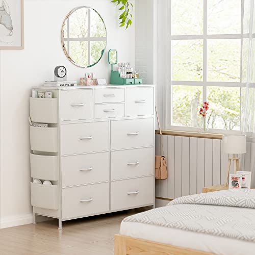 Lulive White Dresser for Bedroom with 10 Drawers, Chest of Drawers with Side Pockets and Hooks, PU Storage Dresser, Organizer Unit for Living Room, Lulive