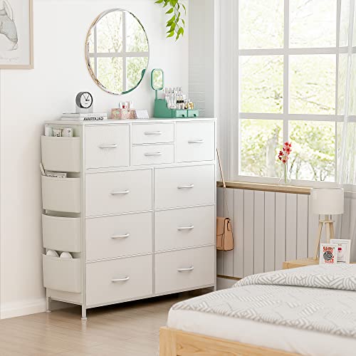 Lulive White Dresser for Bedroom with 10 Drawers, Chest of Drawers with Side Pockets and Hooks, PU Storage Dresser, Organizer Unit for Living Room, - WoodArtSupply