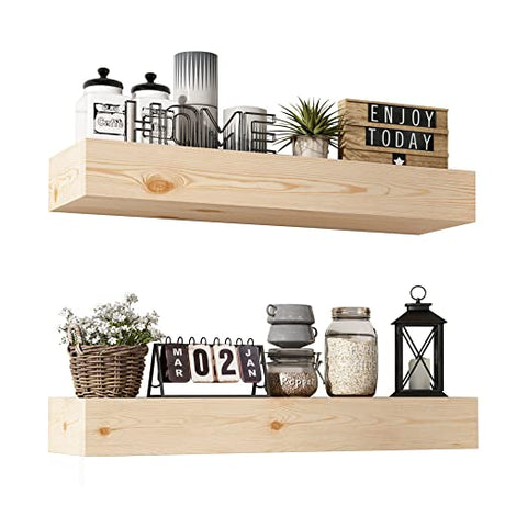 ROOREVO Wall Floating Shelves, Rustic Wood Shelf for Wall Mounted - Wooden Handmade Shelves for Bathroom Kitchen Livingroom - No Stain - ROOREVO