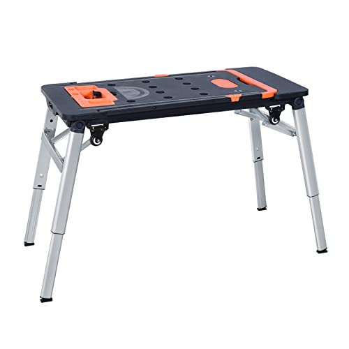 LEADALLWAY 7-in-1 Workbench Folding Painted Work Table as Workbench, Scaffold,Platform,Sawhorse,Car Creeper and Hand Truck with 4 Wheels, Black LEADALLWAY