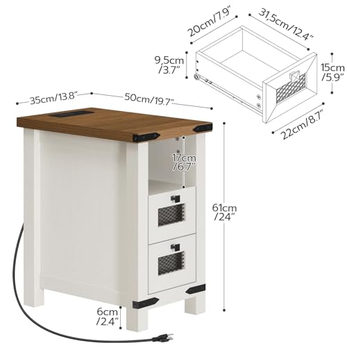 HOOBRO End Table with Charging Station, Farmhouse Narrow Side Table with Storage Drawers, Nightstand with USB Ports and Outlets, for Small Spaces,