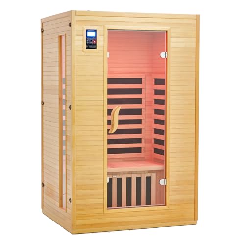 2 Person Sauna, Low EMF 6 Heating Plate Infrared Physical Therapy Wooden Dry Steam Sauna with MP3 Auxiliary Connection, Dual Controls, Iron Shirt - WoodArtSupply