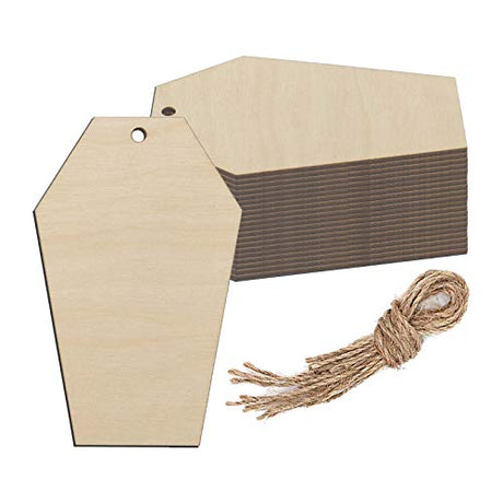 Coffin Wood DIY Crafts Cutouts Wooden Tombstone Shaped Hanging Ornaments with Hole Hemp Ropes Gift Tags for Easter Wedding Birthday Halloween Creaides