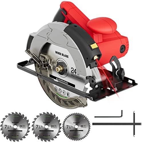 Circular Saw, 1500W Power Circular Saws with Laser Guide, 5500RPM Compact Circular Saw with 3 Saw Blades (24T+ 48T)7-1/4'', 0-45° Bevel Adjustment, - WoodArtSupply