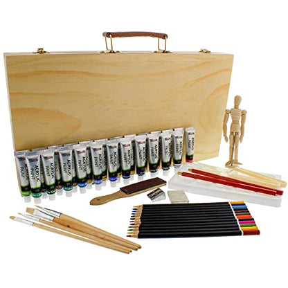 US Art Supply 50-Piece Acrylic Painting Set with Wood Storage Case 24-Tubes Acrylic Colors 12 Colored Pencils 2 Graphite Pencils 4 Artist Brushes