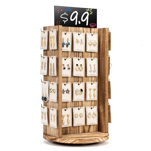Pinzoveco Rotating Earring Display Stands for Selling with Adversitsing Board, Real Wood Jewelry Display Stand for Vendors, Large Capacity Earring Pinzoveco