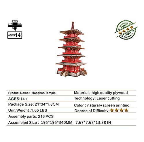 3D Wooden Puzzle,Hanshan Temple Buildings Model,World Famous Architecture Blocks Toy,Age 14+ Assembly Home Decors Adult Craft Kits, DIY Brain Teaser SigridZ