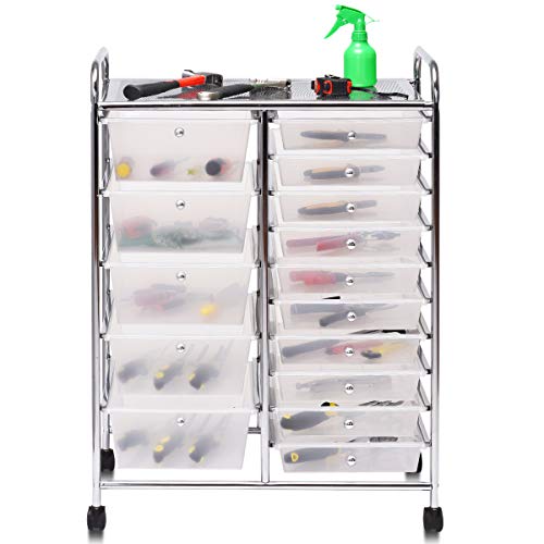 Giantex 15 Drawer Rolling Storage Cart Tools Scrapbook Paper Office School Organizer, Clear - WoodArtSupply