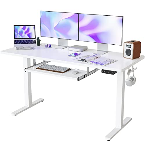 FEZIBO Standing Desk with Keyboard Tray, 55 × 24 Inches Electric Height Adjustable Desk, Sit Stand Up Desk, Computer Office Desk, White - WoodArtSupply