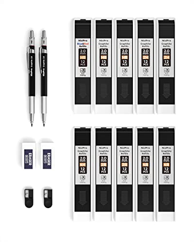 Nicpro 2mm Metal Mechanical Pencil Set, 2PCS Lead Holder 2.0 mm Marker Artist Carpenter Pencils with 120 Graphite Lead Refill (HB 2H 4H 2B 4B & - WoodArtSupply