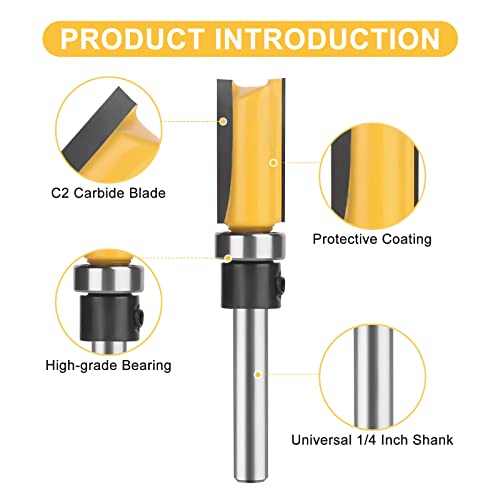 UTRUSTTO Pattern Flush Trim Router Bits 1/4 Inch Shank, Bottom Bearing Flush Trim Router bit Set, Cutting Diameter: 1/2", Cutting Height Respectively UTRUSTTO