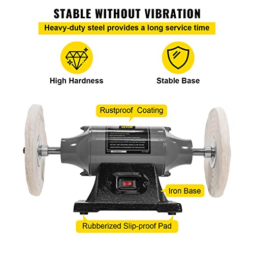 VEVOR Bench Buffer Polisher, 8 inch Buffing Machine 370W Motor with 3600 RPM, Heavy Duty Benchtop Lathe Polishing Machine for Jewelry, Wood, Silver, VEVOR